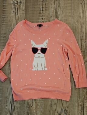 Talbots Coral Crewneck 3/4 Length Sleeves Sweater with Sunglass-Wearing Dog